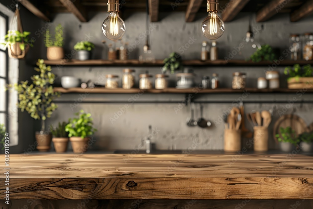 An empty wooden countertop with a distinct texture against a washed out country kitchen filled with greenery, shelves of jars and various kitchen utensils creates a cozy rustic atmosphere. An empty wooden countertop with a distinct texture against a washed out country kitchen filled with greenery, shelves of jars and various kitchen utensils creates a cozy rustic atmosphere.