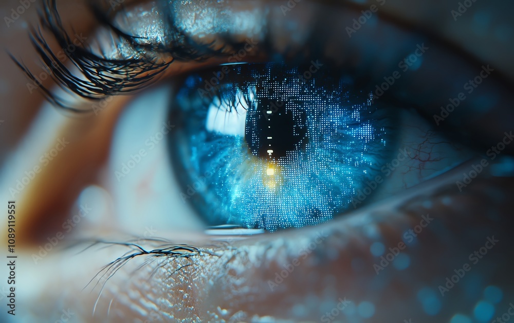 Blue eye through lens of AI network, digital data and connections flowing around, hightech artificial intelligence, cybernetic vision, neural pathways Blue eye through lens of AI network, digital data and connections flowing around, hightech artificial intelligence, cybernetic vision, neural pathways