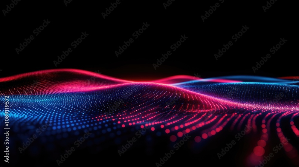 Obraz premium Abstract 3D rendering of glowing red and blue lines creating a fluid wave pattern against a dark background, emphasizing a futuristic cyber space theme.