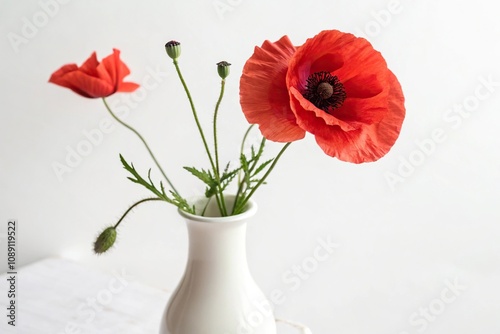 Stunning red poppy flower in a vase with pure white background, simple yet striking, floral arrangement photo