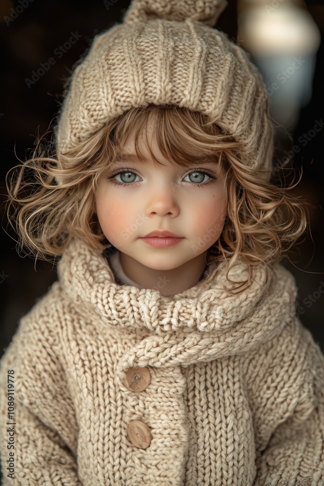 A little girl in a knitted sweater in beige tones. A little girl in a knitted sweater in beige tones.