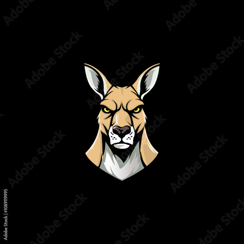 Mascot icon illustration of a kangaroo head, a marsupial of the Macropodidae family, native to Australia seen from a front view on an isolated black background in retro style.
 photo