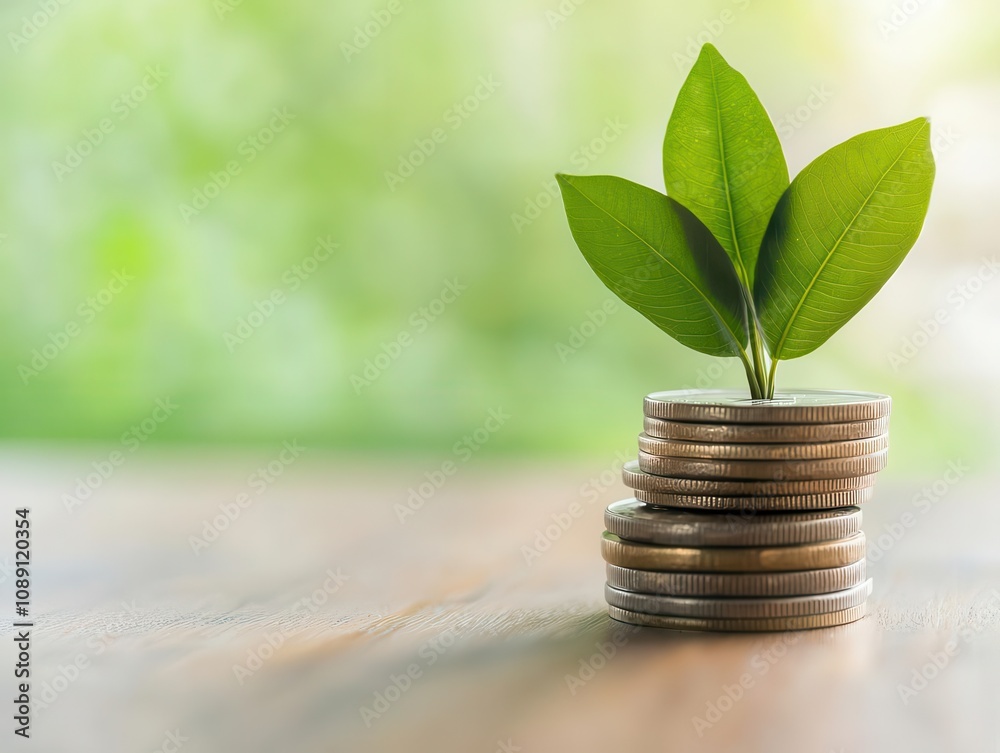 A symbolic representation of growth, featuring coins stacked with fresh green leaves emerging, indicating financial success. Energy stock investment concept. A symbolic representation of growth, featuring coins stacked with fresh green leaves emerging, indicating financial success. Energy stock investment concept.