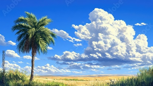 Vibrant landscape featuring a tall palm tree standing solitary against a bright blue sky adorned with fluffy white clouds and golden grassland.