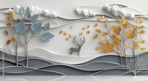 This is a 3D art wallpaper with blue, turquoise, and red leaves, deer, a golden tree, white clouds, and feathers on a gray background. photo