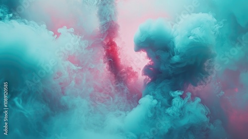 Dreamy pastel teal and pink smoke swirls through an abstract backdrop, creating a luminous and colorful cloud formation reminiscent of ethereal fog. photo