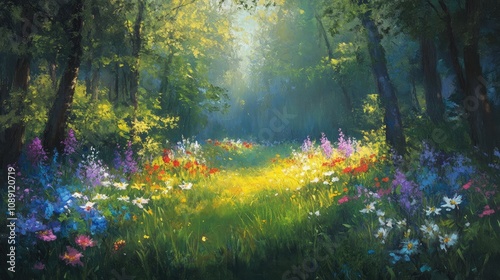 Serene forest clearing bathed in morning light, adorned with vibrant wildflowers, creating a tranquil atmosphere as nature awakens.