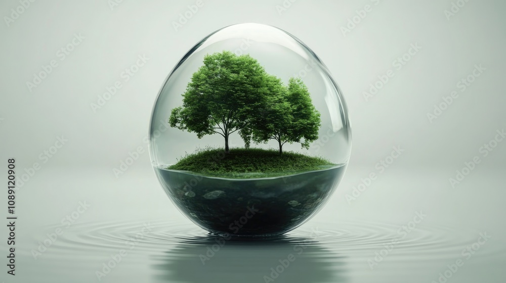Island with lush green trees inside a clear water droplet, representing environmental preservation and the fragility of nature's ecosystems. Island with lush green trees inside a clear water droplet, representing environmental preservation and the fragility of nature's ecosystems.