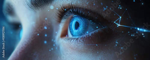 Closeup of blue eye in AI network, digital connections, data flowing around it, artificial intelligence, cybernetic technology, futuristic digital vision