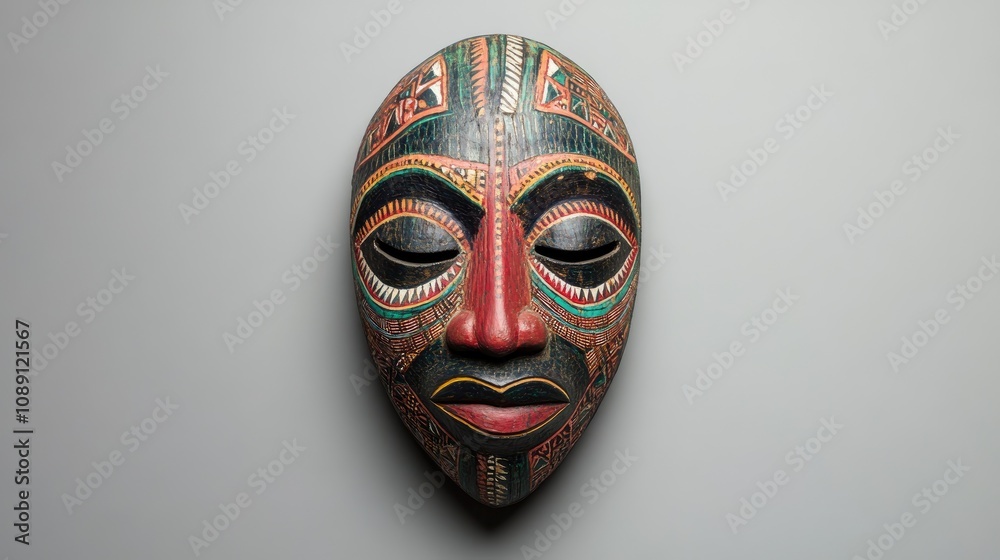 Intricately crafted traditional African mask showcasing vibrant colors and detailed patterns against a neutral background Intricately crafted traditional African mask showcasing vibrant colors and detailed patterns against a neutral background
