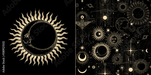 Vector illustration set of moon phases. Different stages of moonlight activity in vintage engraving style. Zodiac Signs	