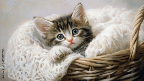 Tabby kitten comfortably curled up in a cozy white basket lined with soft fabric, featuring inquisitive blue eyes and fluffy fur.