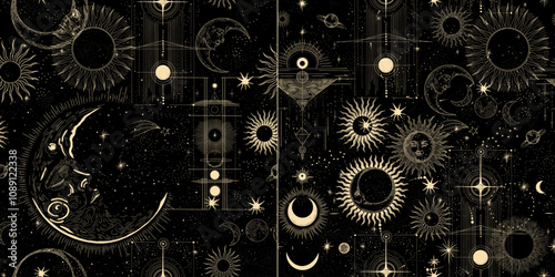 Vector illustration set of moon phases. Different stages of moonlight activity in vintage engraving style. Zodiac Signs	