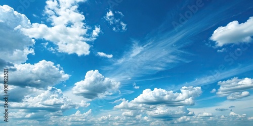 Blue sky with puffy white clouds and subtle watercolor effects, serene landscape, sky conditions, natural beauty, white clouds, puffy clouds