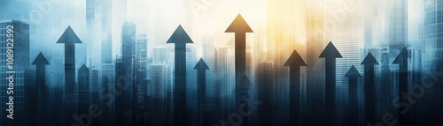 Abstract upward trending arrows represent business growth and success, blending urban skyline elements in a futuristic design. Energy stock investment concept.