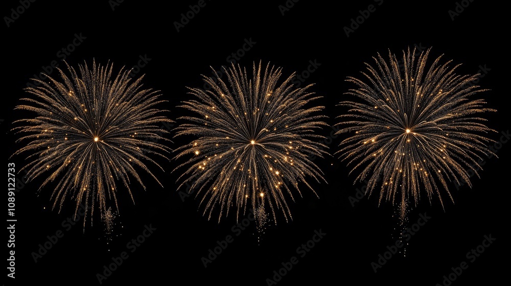Panoramic view of vibrant golden fireworks bursting in the dark night sky, creating a festive atmosphere ideal for New Year celebrations and greeting cards. Panoramic view of vibrant golden fireworks bursting in the dark night sky, creating a festive atmosphere ideal for New Year celebrations and greeting cards.