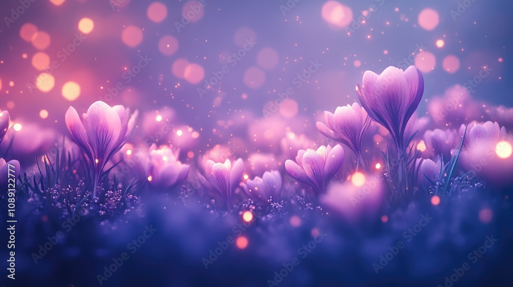 Crocus blossoms bloom in a misty meadow, surrounded by a dreamlike atmosphere enhanced by glowing bokeh effects and soft pastel colors. Crocus blossoms bloom in a misty meadow, surrounded by a dreamlike atmosphere enhanced by glowing bokeh effects and soft pastel colors.