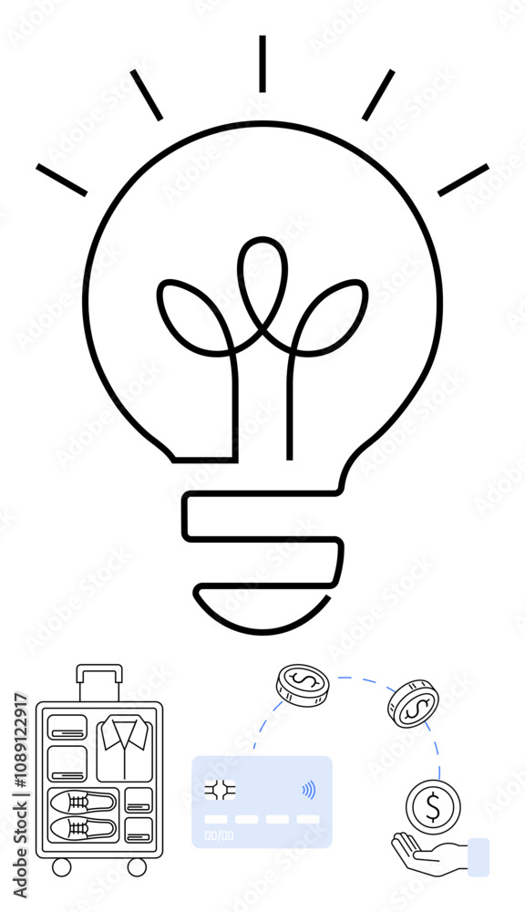 Large light bulb accompanied by suitcase filled with clothes, credit card, hand holding coin, and dollar signs. Ideal for travel planning, finance education, creative budgeting, business trips Large light bulb accompanied by suitcase filled with clothes, credit card, hand holding coin, and dollar signs. Ideal for travel planning, finance education, creative budgeting, business trips
