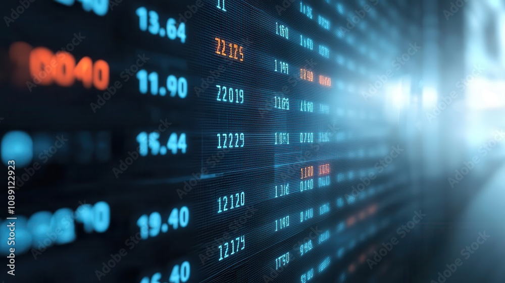 Close-up view of digital stock market data screen displaying fluctuating currency and stock information with vibrant colors. Energy stock investment concept. Close-up view of digital stock market data screen displaying fluctuating currency and stock information with vibrant colors. Energy stock investment concept.