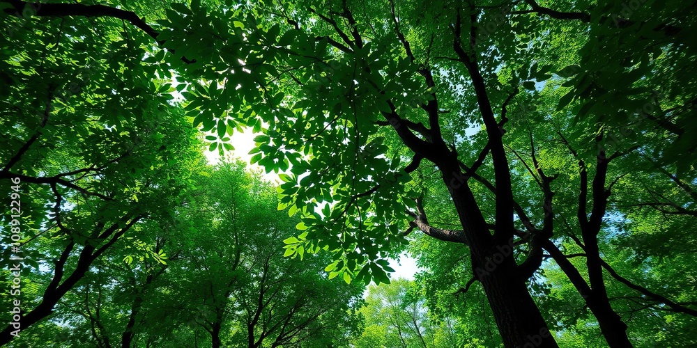 Fototapeta premium Lush green forest canopy with sunlight filtering through leaves, blooming plants, greenery explosion, sunlit woods