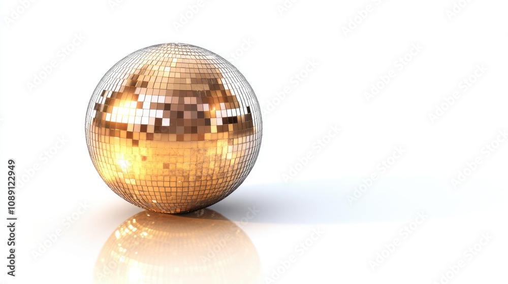 Fototapeta premium Vintage disco mirror ball with worn surface reflecting light, isolated on a white background, creating a nostalgic party atmosphere.