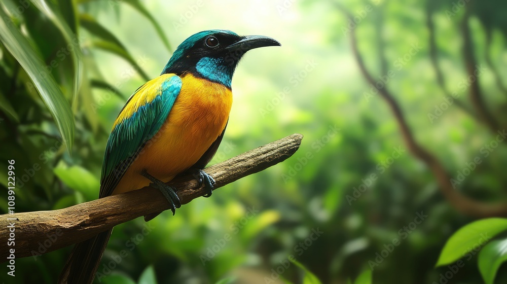 Exotic colorful bird with vibrant blue and yellow plumage perched on a branch amidst a lush, green forest backdrop. Exotic colorful bird with vibrant blue and yellow plumage perched on a branch amidst a lush, green forest backdrop.
