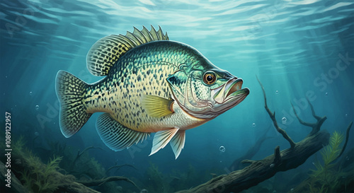 Crappie Fish in the Water, Stream or River, Isolated Nature Wildlife Fishing Angler Illustration photo