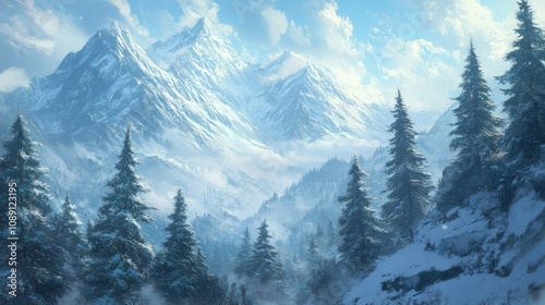 Majestic winter landscape featuring snow-covered mountains and lush evergreen trees under a dreamy misty sky, creating a serene and tranquil atmosphere.