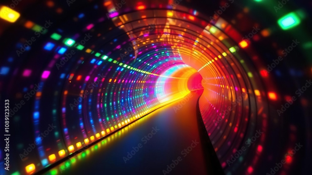 Obraz premium Tunnel of multicolored lights descending downwards, glow, abstract, tunnel