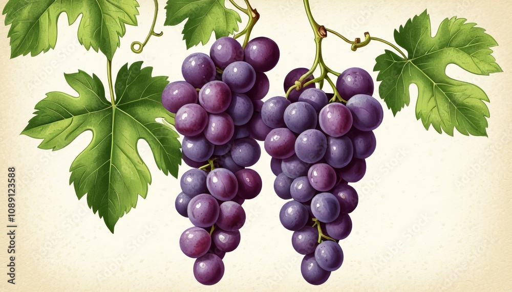 Fototapeta premium Vibrant purple grapes bunch with lush green leaves on artistic background