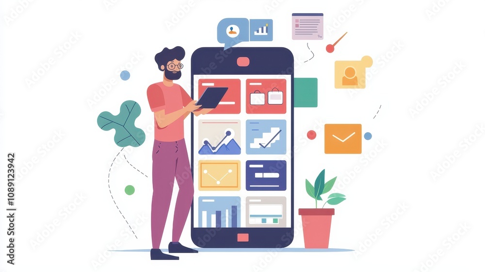 Young Man Interacting with a Smartphone Displaying Various Applications and Data Visualizations in a Colorful and Modern Digital Environment Young Man Interacting with a Smartphone Displaying Various Applications and Data Visualizations in a Colorful and Modern Digital Environment