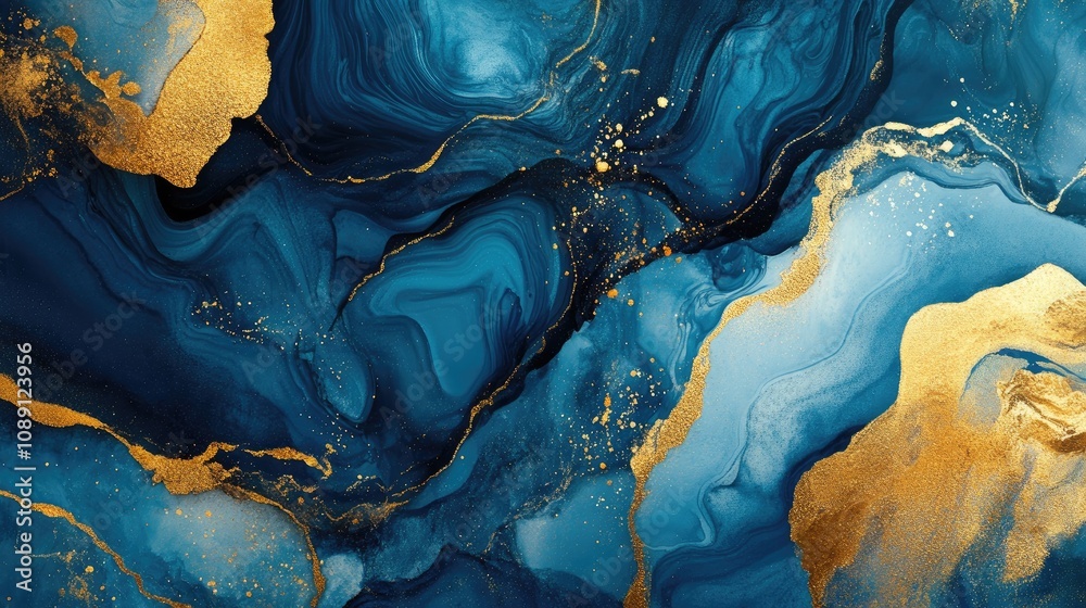 Obraz premium Swirling Blue and Gold Liquid Inks Creating a Harmonious and Abstract Artistic Composition with Rich Textures and Depth
