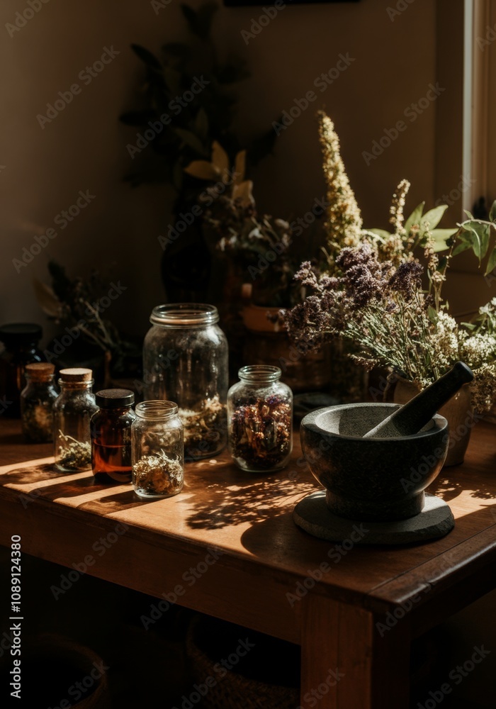 Fototapeta premium Herbal apothecary table with jars, mortar and pestle, and dried flowers in sunlight