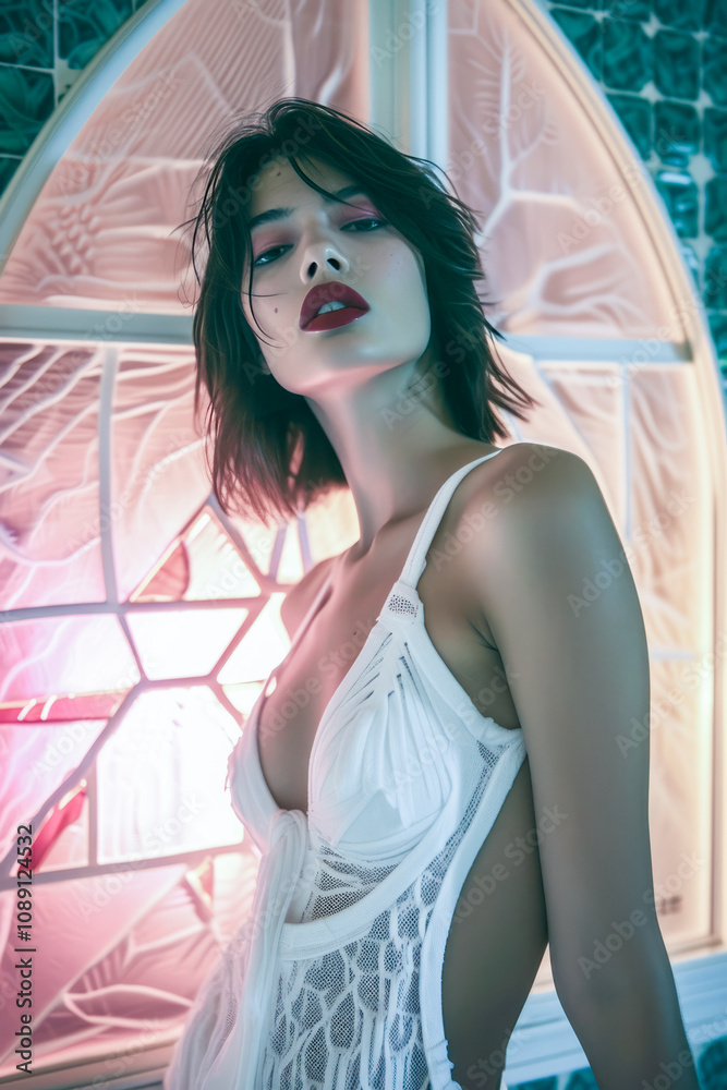 Stylish woman in a white lace dress with bold makeup, posing confidently against a glowing stained-glass background. Stylish woman in a white lace dress with bold makeup, posing confidently against a glowing stained-glass background.