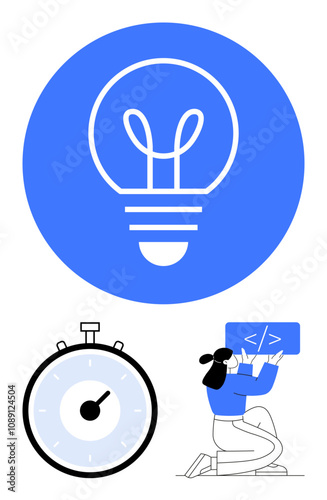 Light bulb symbolizes ideas, stopwatch represents time management, woman holding code highlights programming. Ideal for innovation, coding, productivity, time management, creativity, technology