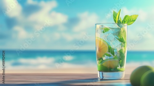 Refreshing cocktail with mint and lime on a wooden table, featuring a beautiful beach and bright blue sky in the blurred background.