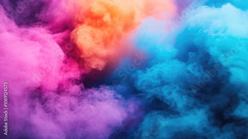 Colorful abstract cloud of vibrant pink, orange, and blue powder creating a striking explosion effect against a dark backdrop, reminiscent of festive celebrations.