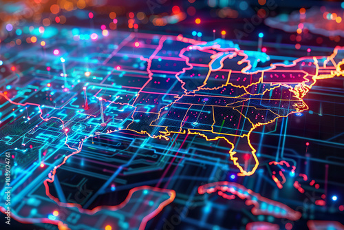 Digital map showcasing North American connectivity and telecommunications in the USA