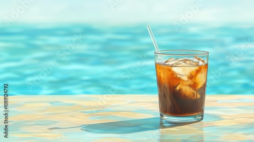 Iced coffee in a glass cup with a straw, featuring ice cubes, placed on a table by a shimmering poolside with a vibrant blue water backdrop.