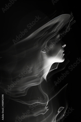 Abstract Silhouette of a Woman in Motion with Ethereal Flowing Lines in Monochrome