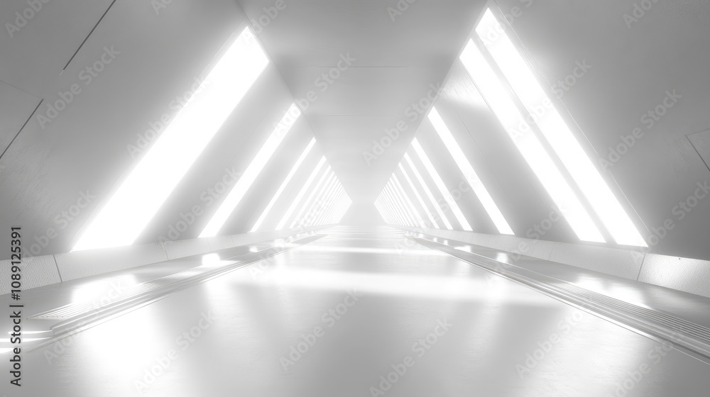 Obraz premium Futuristic abstract corridor with sloped concrete walls and illuminated pathways, showcasing a minimalist design and white LED lighting in a tunnel perspective.