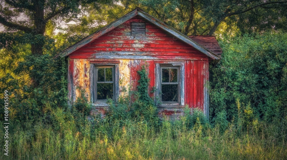 Old wooden shack with peeling paint, overgrown grass and bushes Old wooden shack with peeling paint, overgrown grass and bushes