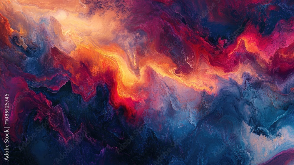 Vivid abstract sunset with swirling patterns of red, blue, orange, and violet colors blending harmoniously across a textured canvas.