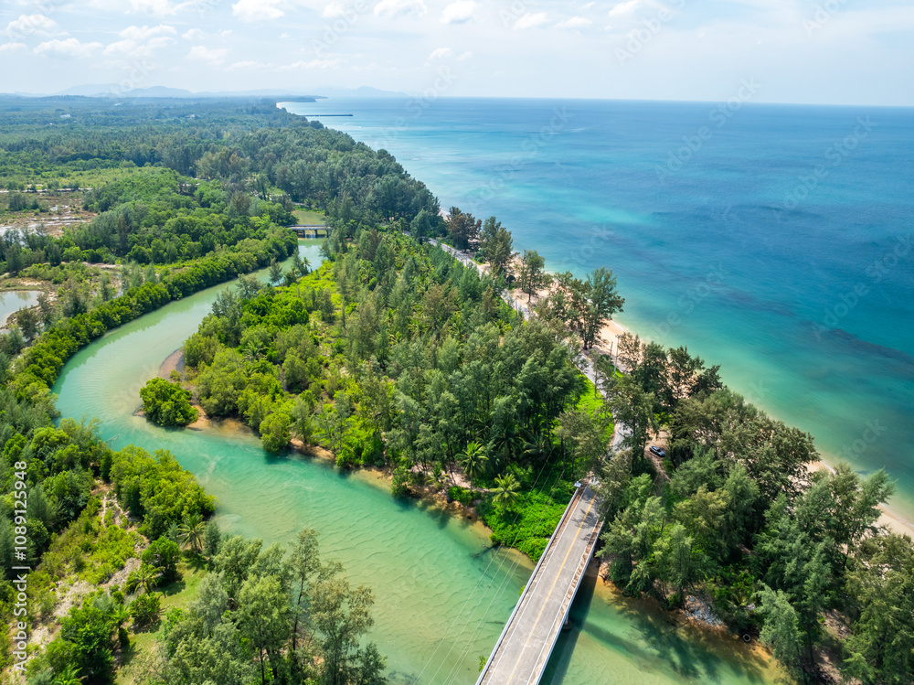 Naklejka premium Beautiful sea beach summer landscape in high travel season in Thailand, Nature beach sea sunny sky background,High angle view seascape nature view