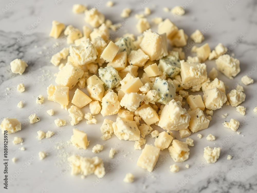 Close-up of pungent blue cheese crumbles scattered on a marble surface, white marble, elegant atmosphere Close-up of pungent blue cheese crumbles scattered on a marble surface, white marble, elegant atmosphere