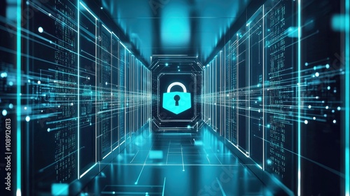Futuristic digital gateway with a glowing padlock, showcasing advanced security technology and data protection against cyber threats.