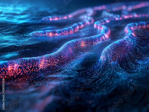 Fototapeta Naklejka Na Ścianę i Meble -  Vibrant Fiber Optic Network Underwater Representing Global Communication Technology
