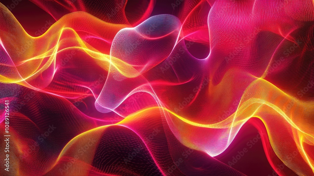 Abstract 3D rendering of glowing lines and neon lights in vibrant red, pink, and yellow hues, creating a mesmerizing psychedelic background reminiscent of a laser show. Abstract 3D rendering of glowing lines and neon lights in vibrant red, pink, and yellow hues, creating a mesmerizing psychedelic background reminiscent of a laser show.