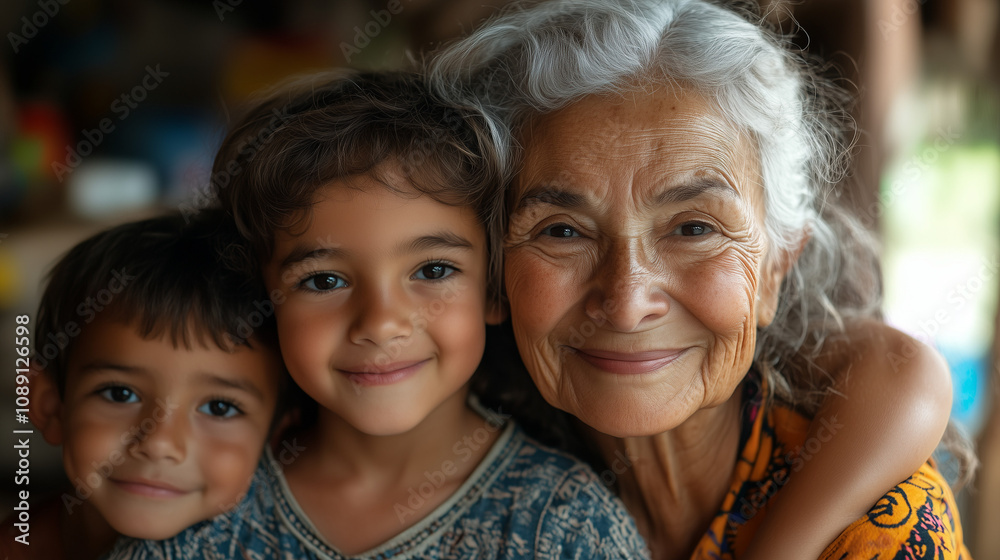 Smiling grandmother embraces her two grandchildren in a cozy home setting filled with warmth and love. Generative AI Smiling grandmother embraces her two grandchildren in a cozy home setting filled with warmth and love. Generative AI