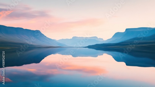 A serene lake reflects the vibrant colors of a picturesque sunset over a mountain range.